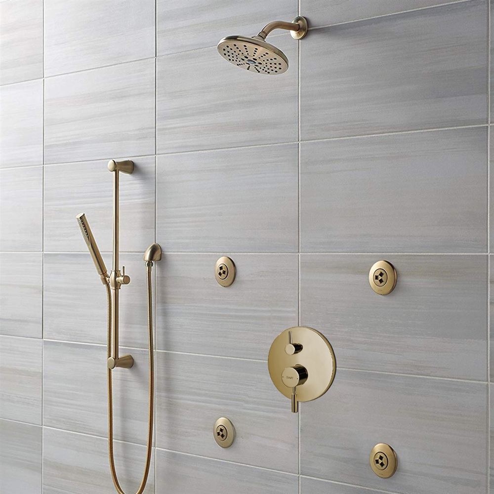 Bravat Brushed Gold Wall Mounted Round Rainfall Shower Set With Valve Mixer 3-Way Concealed And Four Round Body Jets With Handheld Shower